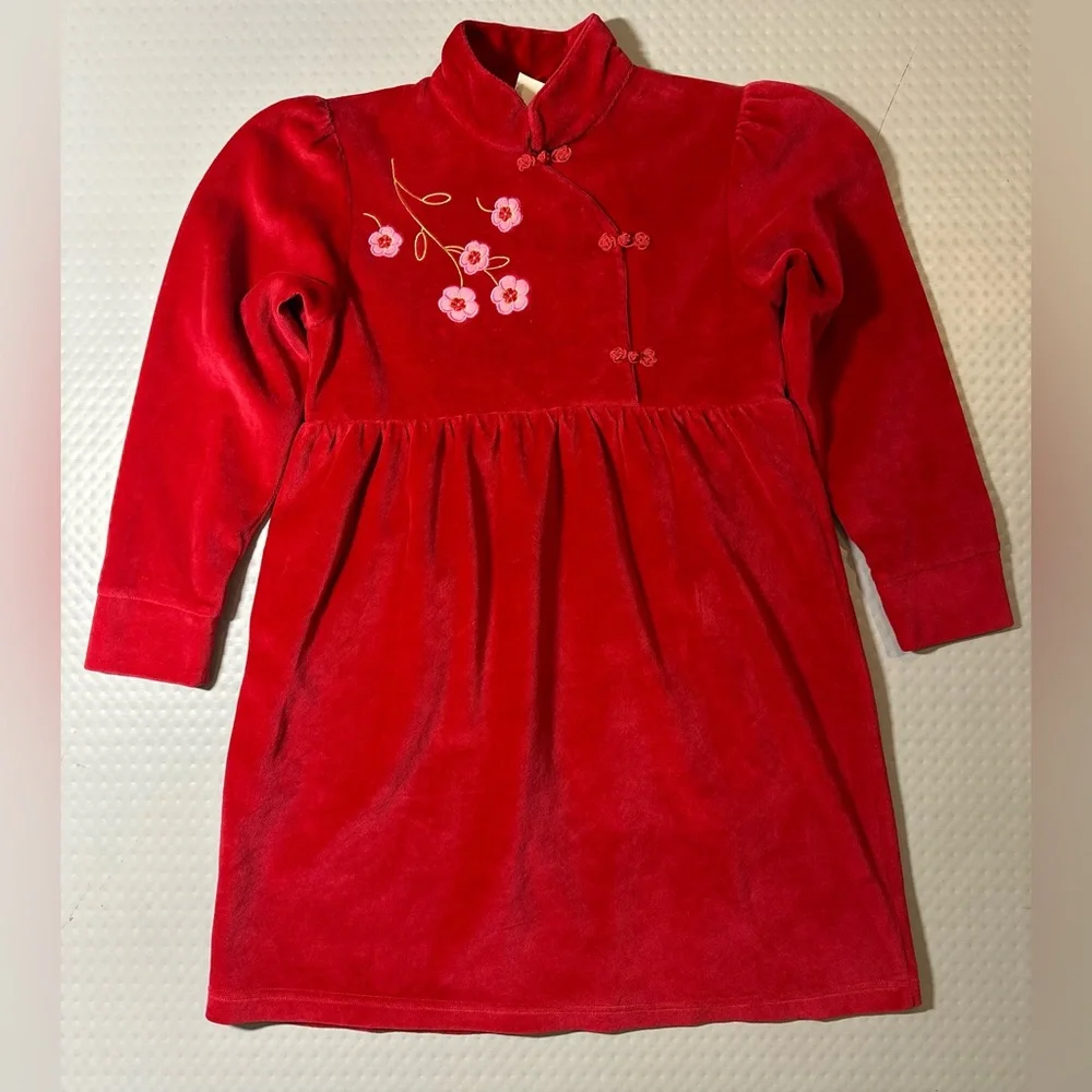 Croco kids red velvety dress mandarin collar floral embroidery child 12 NWT
